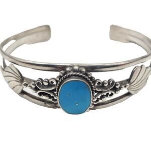 Sterling Silver Cuff Blue Stone Bracelet Boho Southwestern Native American Style